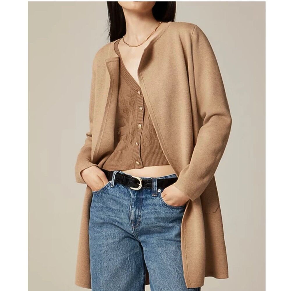 J. Crew Juliette Collarless Sweater Blazer Tan Womens Size XS Patch Pockets Open